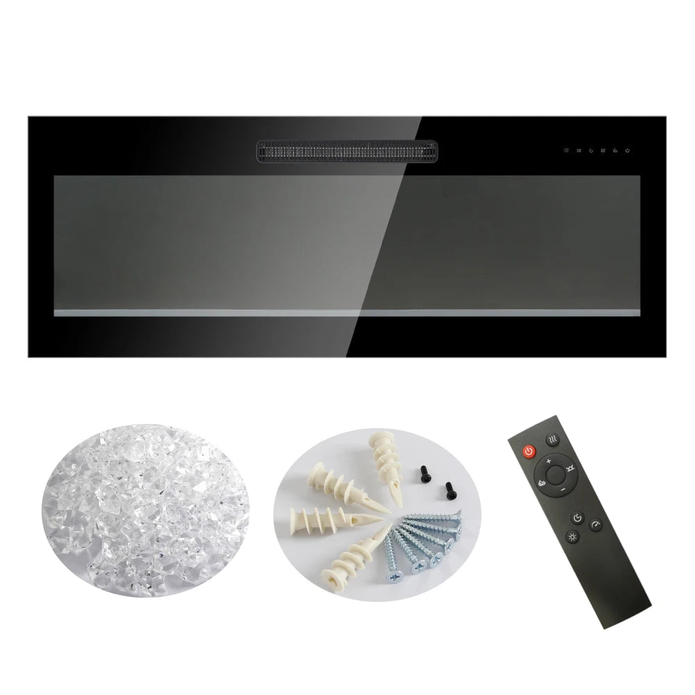 36 Inch Recessed Ultra Thin Tempered Glass Front Wall Mounted Electric Fireplace with Remote and Multi Color Flame & Emberbed