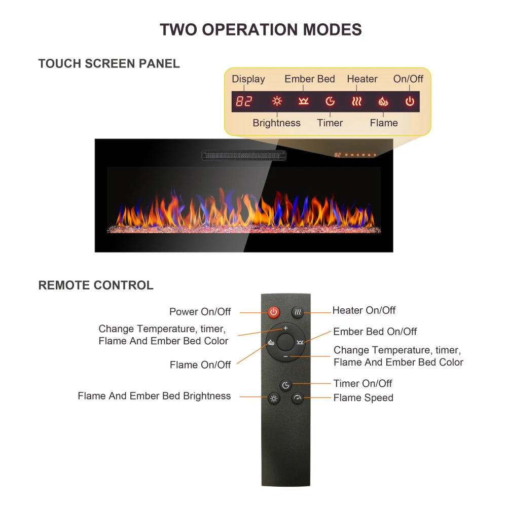 36 Inch Recessed Ultra Thin Tempered Glass Front Wall Mounted Electric Fireplace with Remote and Multi Color Flame & Emberbed