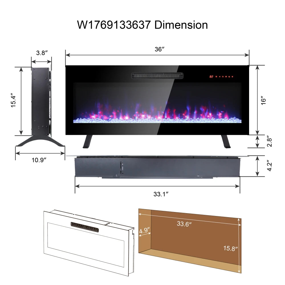 36 Inch Recessed Ultra Thin Tempered Glass Front Wall Mounted Electric Fireplace with Remote and Multi Color Flame & Emberbed