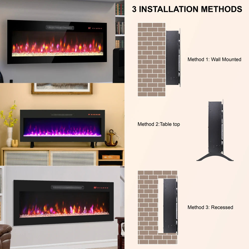 36 Inch Recessed Ultra Thin Tempered Glass Front Wall Mounted Electric Fireplace with Remote and Multi Color Flame & Emberbed