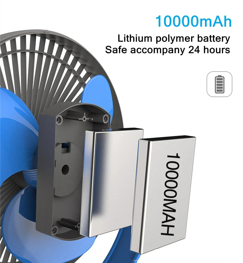 USB Charging Home Room Table Wireless Electric Fan 10000Mah Battery Outdoor Travel Portable Clip Ceiling Fan 4 Speed Adjusted