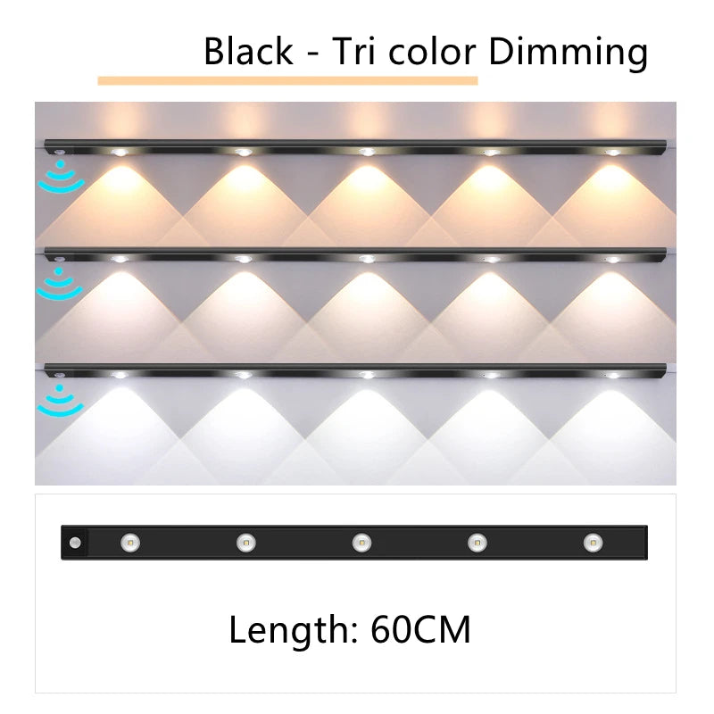 Motion Sensor Tri Color Dimmable LED Night Light USB Rechargeable Lamp for Kitchen Wardrobe Cabinet Lighting 20Cm/30Cm/60Cm Leds