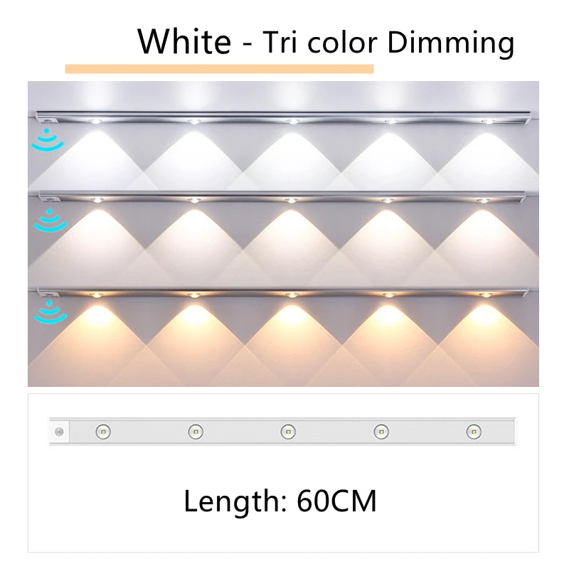 Motion Sensor Tri Color Dimmable LED Night Light USB Rechargeable Lamp for Kitchen Wardrobe Cabinet Lighting 20Cm/30Cm/60Cm Leds