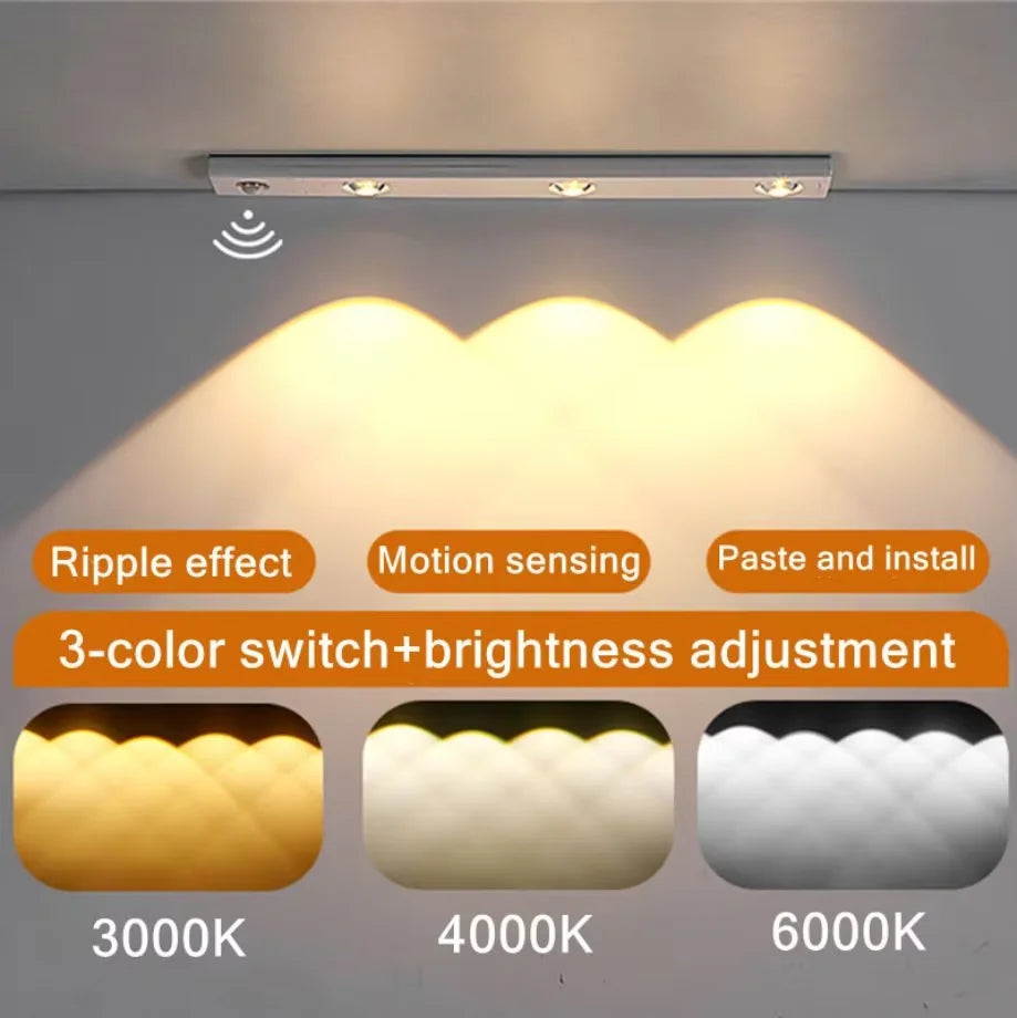 Motion Sensor Tri Color Dimmable LED Night Light USB Rechargeable Lamp for Kitchen Wardrobe Cabinet Lighting 20Cm/30Cm/60Cm Leds