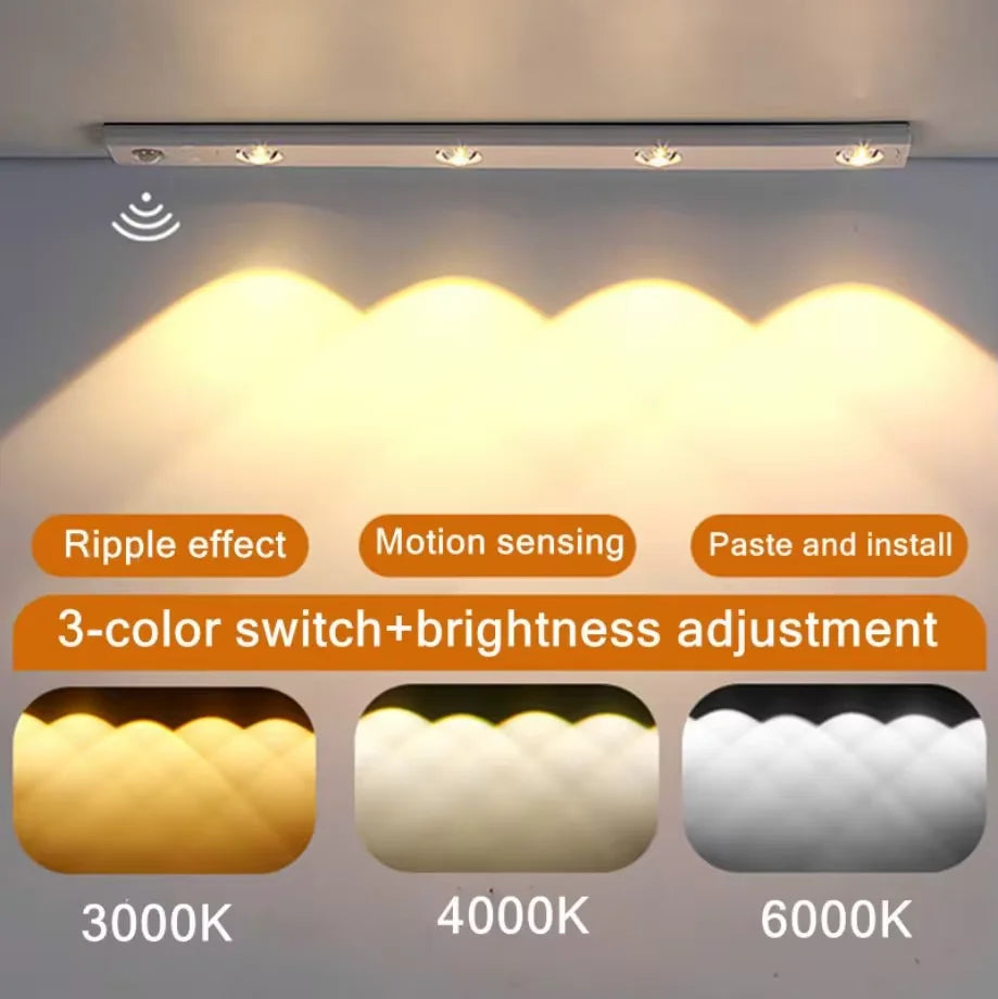 Motion Sensor Tri Color Dimmable LED Night Light USB Rechargeable Lamp for Kitchen Wardrobe Cabinet Lighting 20Cm/30Cm/60Cm Leds