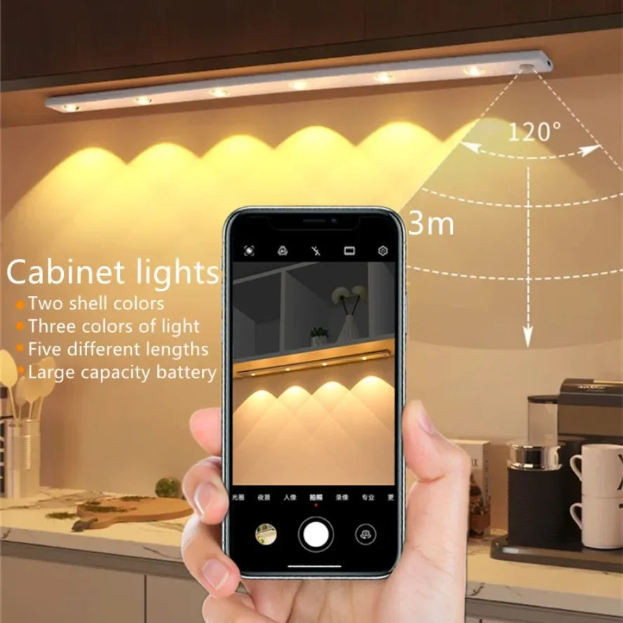 Motion Sensor Tri Color Dimmable LED Night Light USB Rechargeable Lamp for Kitchen Wardrobe Cabinet Lighting 20Cm/30Cm/60Cm Leds