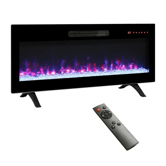 36 Inch Recessed Ultra Thin Tempered Glass Front Wall Mounted Electric Fireplace with Remote and Multi Color Flame & Emberbed