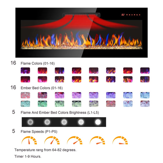 36 Inch Recessed Ultra Thin Tempered Glass Front Wall Mounted Electric Fireplace with Remote and Multi Color Flame & Emberbed
